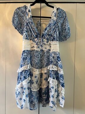 NWT S Altar'd State Blue and White Floral patchwork Mini Dress